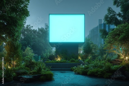 Futuristic glowing square billboard in a misty eco park with dense greenery