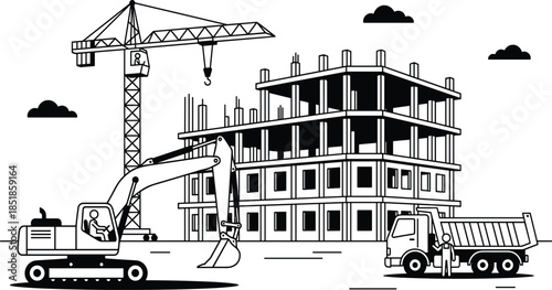 Construction site, building structure, crane lifting, excavator digging, dump truck, silhouette illustration, black vector, infrastructure, engineering