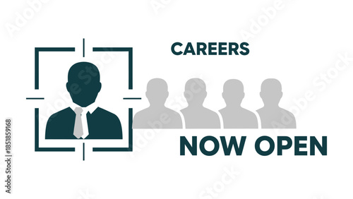 Recruitment and talent search concept with Careers Now Open text and a target mark focused on a specific candidate silhouette