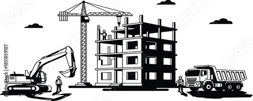 Construction site with crane, workers, excavator, scaffolding, dump truck, building structure, black and white illustration, urban development, engineering, machineryConstruction site with crane,