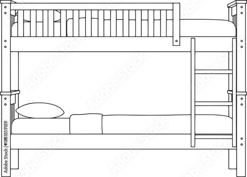 An elegant wooden bunk bed. Simple line drawing of a bunk bed with a ladder and bedding. It offers a glimpse of cozy rest and relaxation.