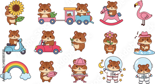 Cute hamster cartoon collection, animal character set, playful pet poses, whimsical scenes, children illustration, adorable rodent, joyful moments - flat vector illustration