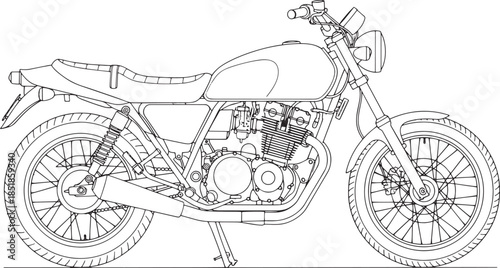 An intricate line drawing of a classic motorcycle, ideal for designs. 