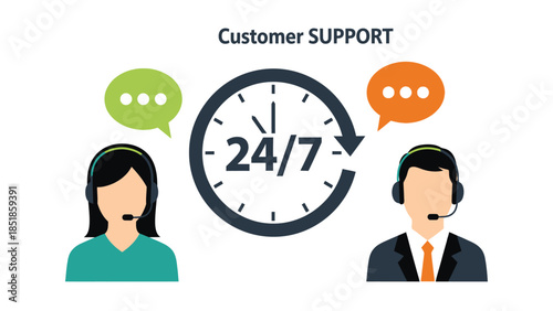 24/7 customer support service concept with male and female call center agents and a clock icon, vector illustration for help desk assistance.