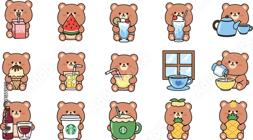 Billede på lærred Bear cartoon characters, food drink theme, cute animals, juice, tea, coffee, pin