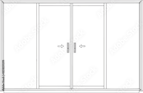 An elegant illustration of a classic set of french doors, portrayed with precision in a modern, minimalistic design. 