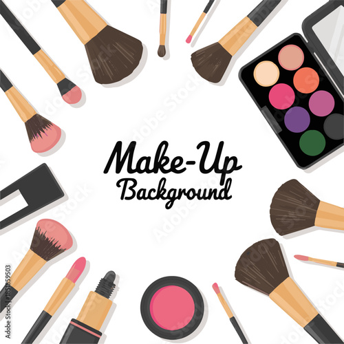 Isolated a make-up background with space for your text and cosmetic tools from top view vector art with white background.