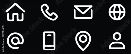 contact us white line icons vector black background business website icons 