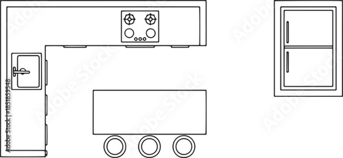A minimalist black and white line art depicting the layout of a modern kitchen, featuring a sink, stove, island, and refrigerator, showcasing sleek design and efficient use of space.