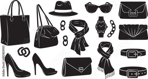 Collection of black fashion accessories silhouettes