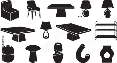 Black furniture and decor icons set
