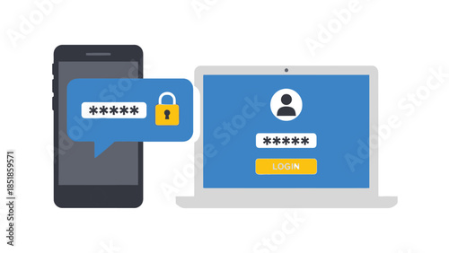 Cybersecurity and login authentication concept featuring a laptop and mobile phone with password fields, vector illustration for data protection.