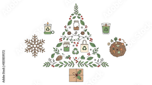 Eco-friendly Christmas tree made of natural elements and reusable items, celebrating sustainable holidays.