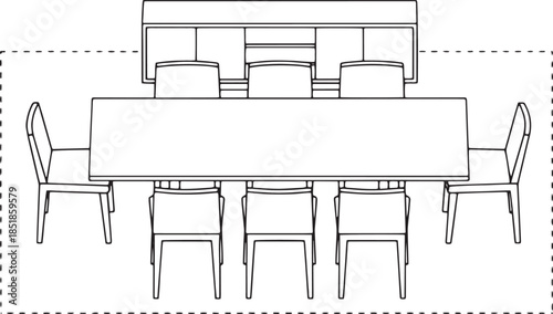An overhead view showcases a modern dining area, dominated by a rectangular dining table with eight accompanying chairs. A stylish sideboard is mounted on the wall.