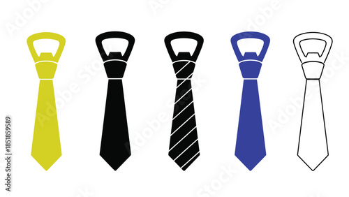 A row of five bottle openers shaped like ties.