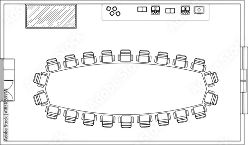An overhead view of an empty conference room, showcasing a modern design with a long oval table and numerous chairs.