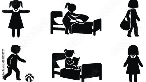 Children's daily activities depicted as simple black silhouettes on a white background.