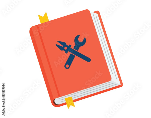 Technical manual or instruction book icon with crossed wrench and pliers on a red cover, vector illustration for repair guides and DIY education.