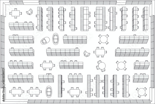 A detailed overhead perspective of a meticulously arranged room layout, showcasing rows of tables and seating arrangements, suggesting a structured and organized space.