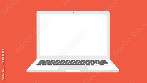Minimalist white laptop computer on a solid red background, vector illustration mockup for technology, remote work, and digital lifestyle.