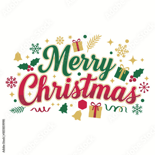Playful “Merry Christmas” text decorated with green leaves, golden bells, stars, and tiny red accents on a light background. Ideal for wrapping paper, greeting cards, social posts, and kids’ holiday 
