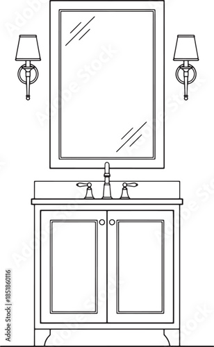 An elegant minimalist bathroom interior design in line art, highlighting a sophisticated vanity cabinet, a sleek rectangular mirror, and complementary sconces.