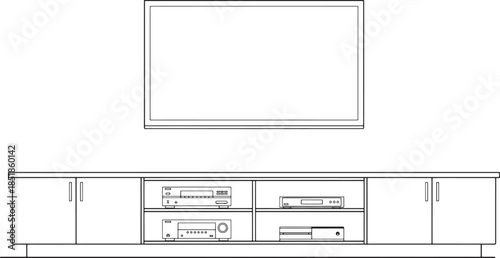 An elegant, minimalist home entertainment system, comprising a sleek cabinet with ample storage space and an integrated large-screen television, showcasing a modern and sophisticated living space.