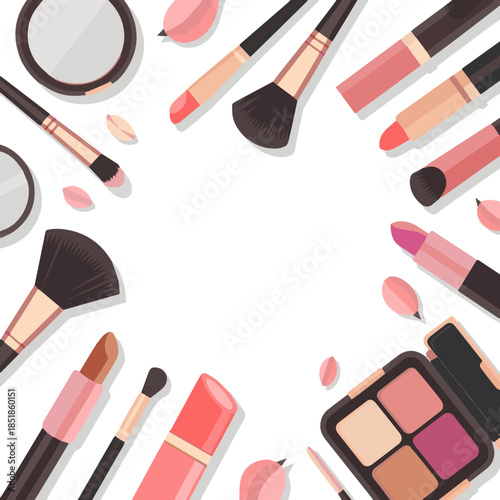 Isolated a make-up background with space for your text and cosmetic tools from top view vector art with white background.