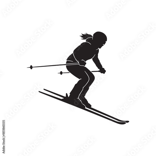 Female Skier in action silhouette vector flat illustration on white background
