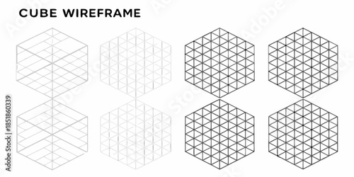 Isometric projections of a cube visualized as wireframe geometric shapes
