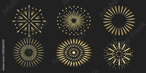 Golden firework bursts and starbursts on a dark background decorative design