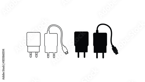 Two black and white outlines of power adapters are shown next to two black power adapters.