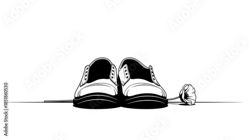 Illustration of a pair of classic men's shoes with a single rose lying beside them on a white background, symbolizing remembrance or loss.