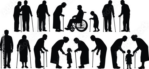 Set of vector silhouettes of elderly people holding canes sitting in wheelchair and interacting with children isolated on white background