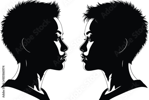 Vector illustration showing black silhouette profiles of two short-haired individuals facing each other in dialogue isolated on a white background