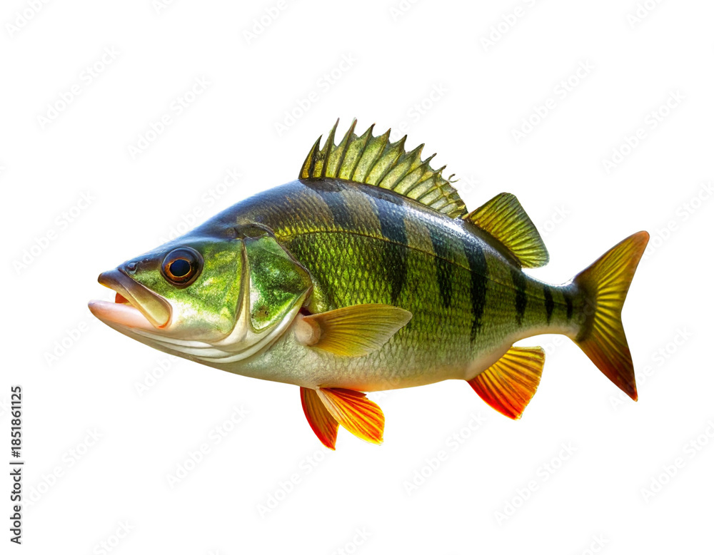 Fototapeta premium Fishing trophy - big freshwater perch in water on green background.