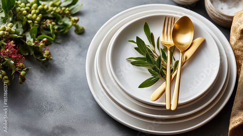 Stylish holiday dinner setting with white plates heavily defocused cool concrete table background golden flatware and lush green napkins elegant seasonal styling with copy
