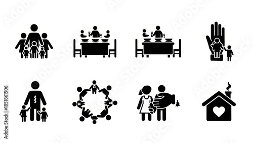 Collection of black and white vector icons depicting family, community, home, and social care concepts.