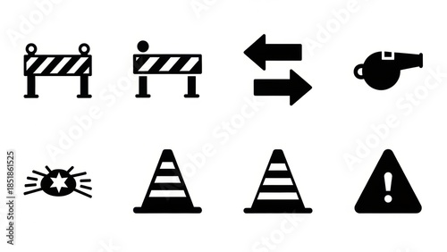 A collection of eight black and white icons representing safety, construction, and warning signs.