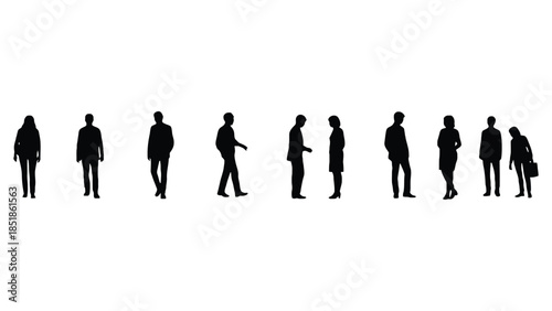 Silhouettes of people stand in a line against a white background.