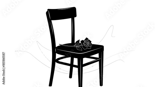 Black chair with a single rose, symbolizing loss, memory, and remembrance in a minimalist style.