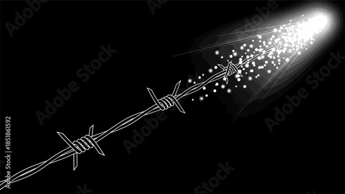 Barbed wire with glowing particles on a black background, symbolizing restriction and escape.