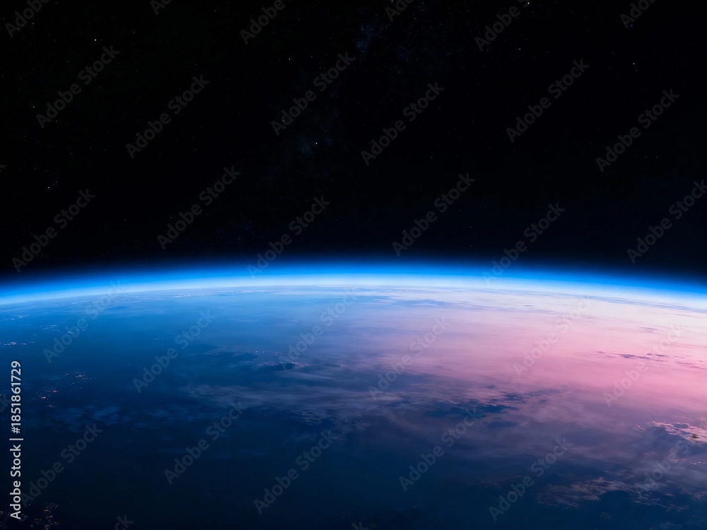 Fototapeta premium Earth's horizon from space with atmospheric glow and starry background