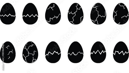 A dozen black eggs with white cracks are displayed in two rows.