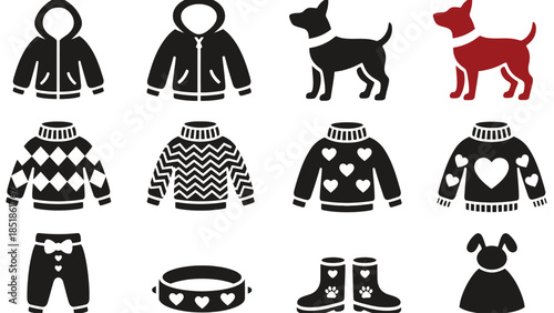 A collection of dog clothing and accessories is displayed