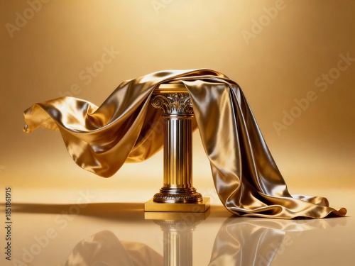 Golden column draped with flowing satin fabric on reflective surface