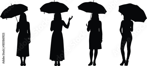 Set of black silhouettes of elegant women holding umbrellas and standing in various poses isolated on white background for weather