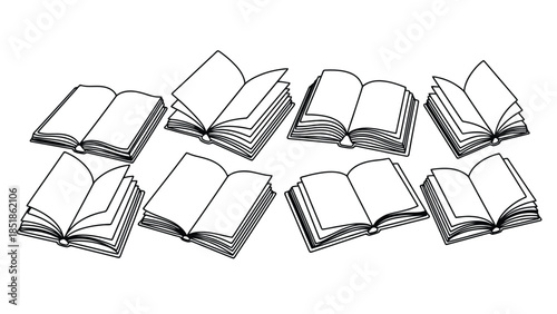 Several open books are arranged in a scattered pattern.