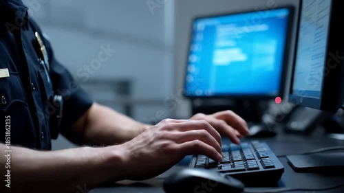 Law Enforcement Officer Working on Computer System.