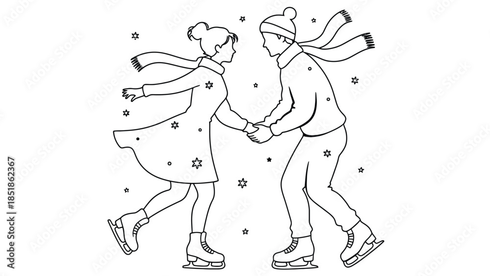 Fototapeta premium A couple ice skating hand in hand during winter with snowflakes falling.
